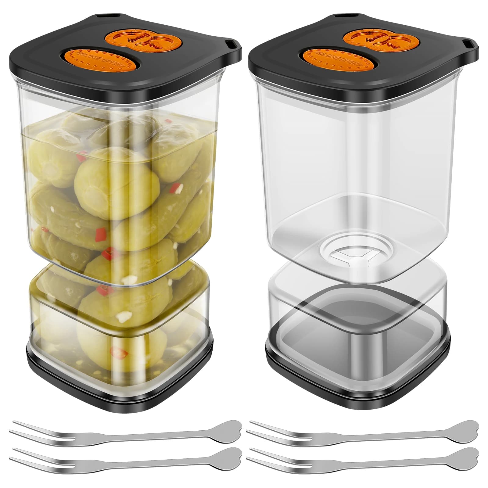 2 Pezzi Contenitore per Sottaceti Quadrato Trasparente da 33.82 OZ con 4 Forchette e Timer Registratore, Barattolo per Sottaceti e Olive