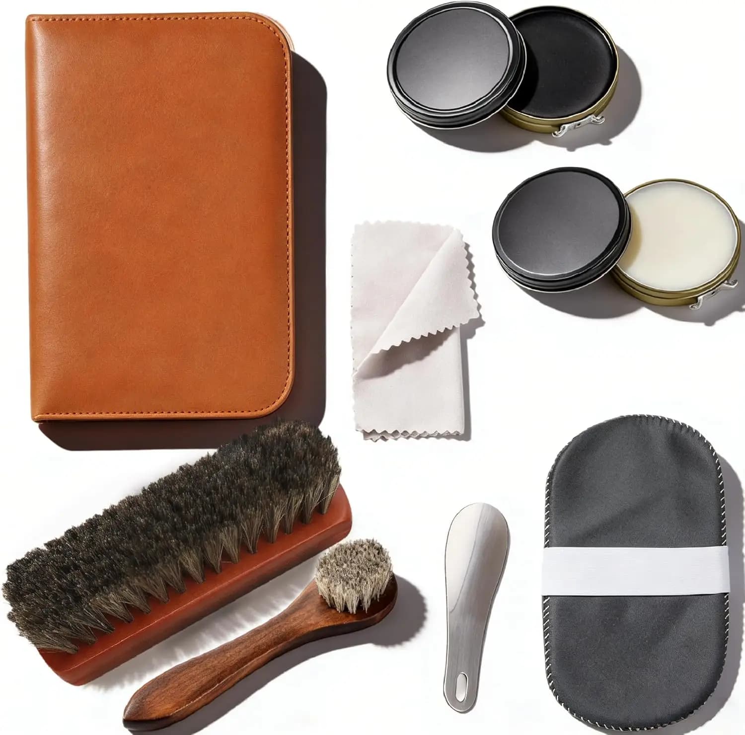 Set per la Cura delle Scarpe per Casa e Viaggio, Include Lucidante per Scarpe, Spazzola a Setole, Spugna, Panno Lucidante e Calzascarpe