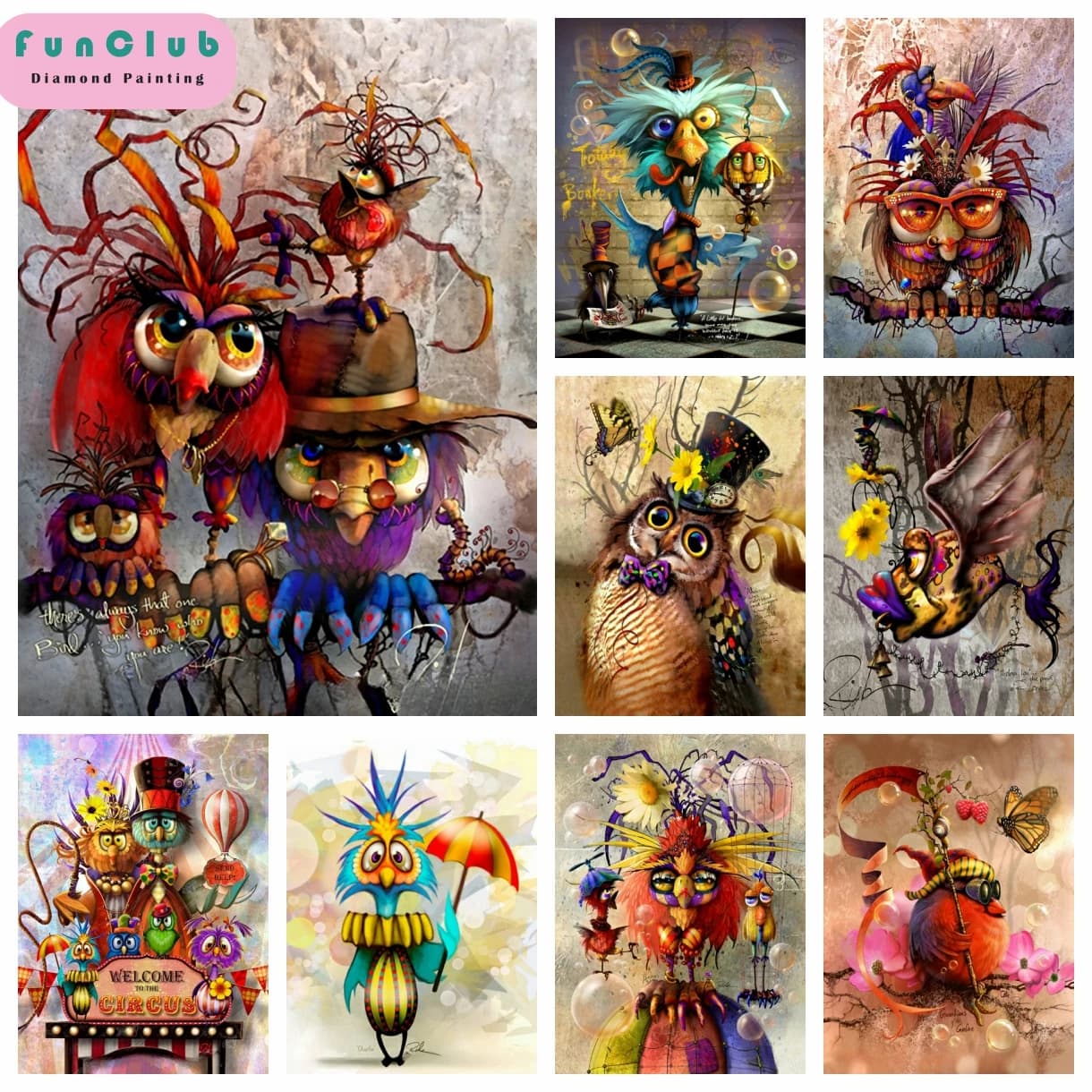 Famiglia circo pappagallo gufo trapani fai da te kit di pittura diamante punto croce cartone animato uccello ricamo immagine mosaico arredamento camera da letto regalo