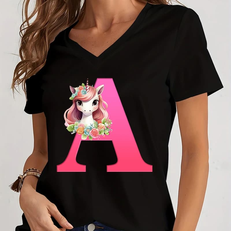 Y2k Camicia alla moda Cute Unicorn Series 26 Viola Rosso Lettere stampate Vestiti Top con scollo a V da donna Casual Maniche corte Y2k T-shirt