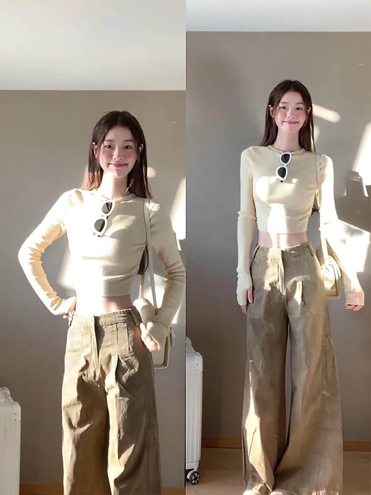 High Waist Wide Leg Jeans Women's Loose Fit Flared Denim Pants Autumn Khaki Color Lazy Style Retro Hong Kong Trend Parkyeon B...