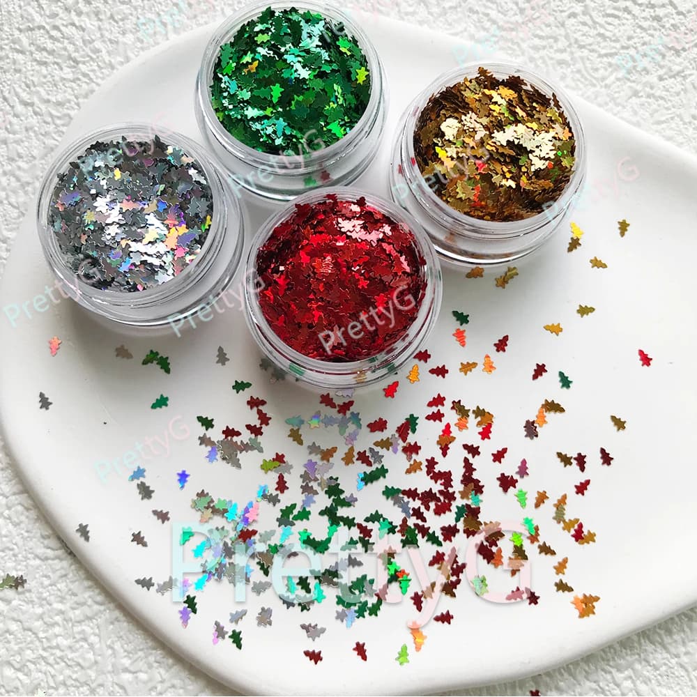 PrettyG 1 Box 3mm Mini Christmas tree Holiday Glitter Sequins Holographic Xmas Glitter for Resin DIY Art Craft Decoration