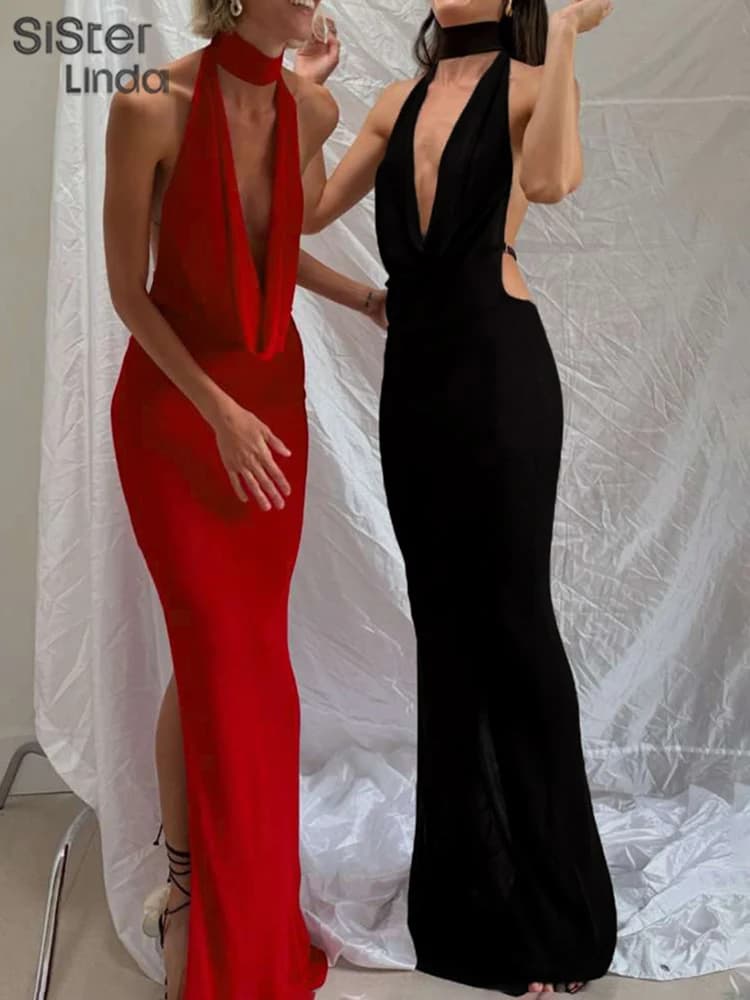 Sisterlinda Autunno Version Junior Ankle sexy street dress K24D58659 Girl Solid Slim Neckline Backless Fashion Robe