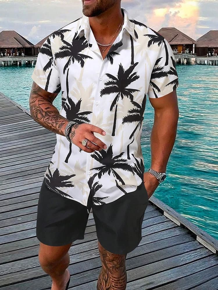 Set Camicia Hawaiana a Maniche Corte e Pantaloncini da Spiaggia per Uomo, Camicia Casual da Resort Estivo e Pantaloncini Sportivi da Uomo per Tutti i Giorni