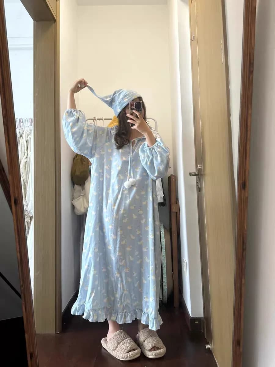 Female Long-Sleeved Nightdress Women Round Neck 2XL Plus Size Pajamas Set Ladies Spring Cartoon Printing Sweet Homewear Suit