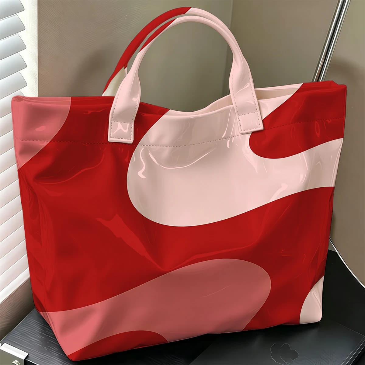 Red Tone Curved Wave Fashion Large Glossy PVC Tote Bag Hand Washable Waterproof Perfect Travel Commute Cosmetic Storage Shopper