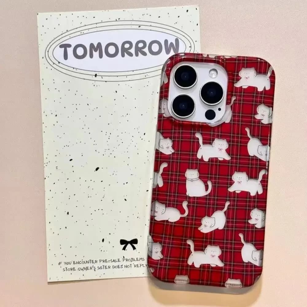 INS Korean Retro Red Checkered Cat pattern Phone Case For iPhone 11 12 13 14 15 16 17 Pro Max Plus Cute cartoon kitten Cover