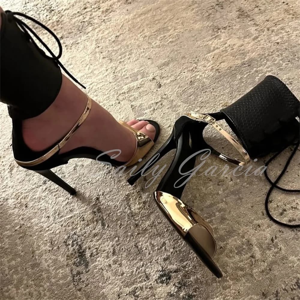 Gold Black Leather Patchwork High Heel Sandals Women Sexy Open Toe Stiletts Ankle Strap Lace Up Elegant Party Dress Shoes