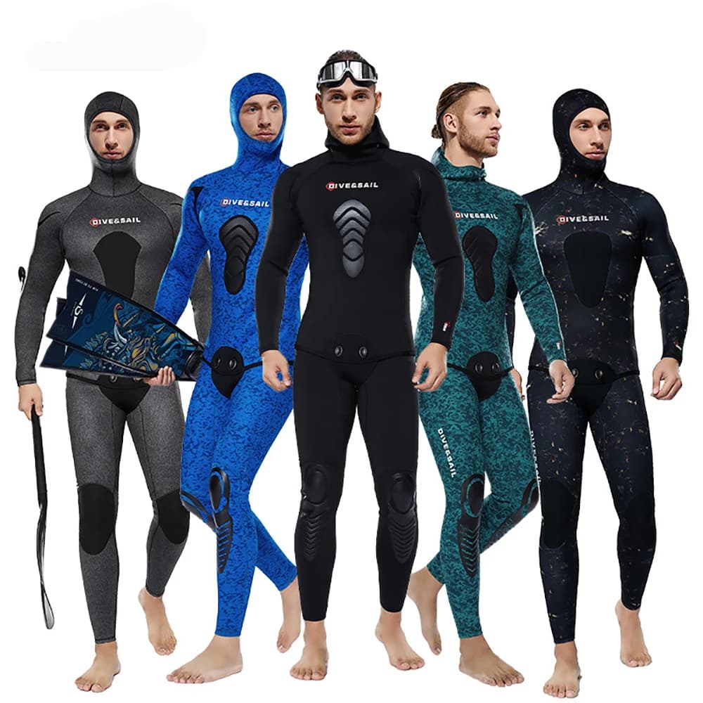 Muta da sub subacquea libera a celle aperte da uomo in due pezzi CR Muta da sub 3/5/7mm Muta da cucito cieco con cappuccio in neoprene per pesca subacquea Snorkel