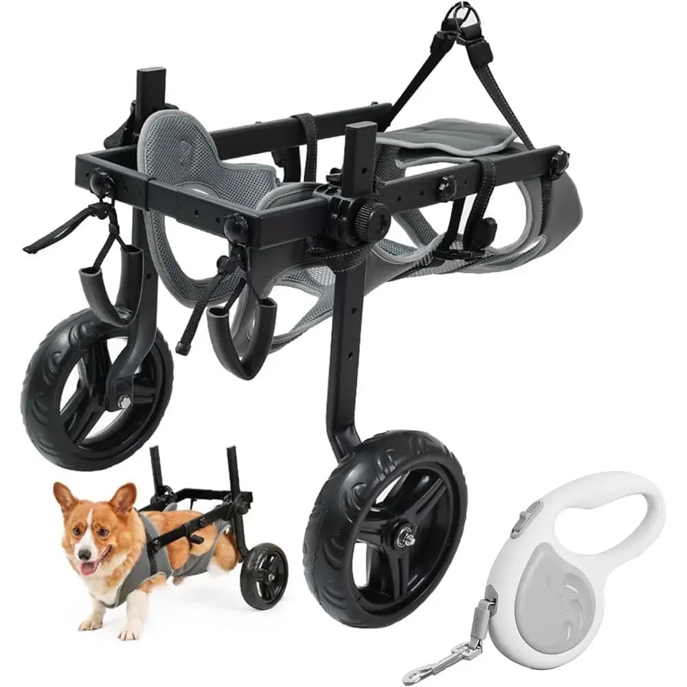 Sedia a rotelle per cani regolabile per gambe posteriori con corda di trazione, imbracatura in rete d'aria, ruote per tutti i terreni e design pieghevole per disabili