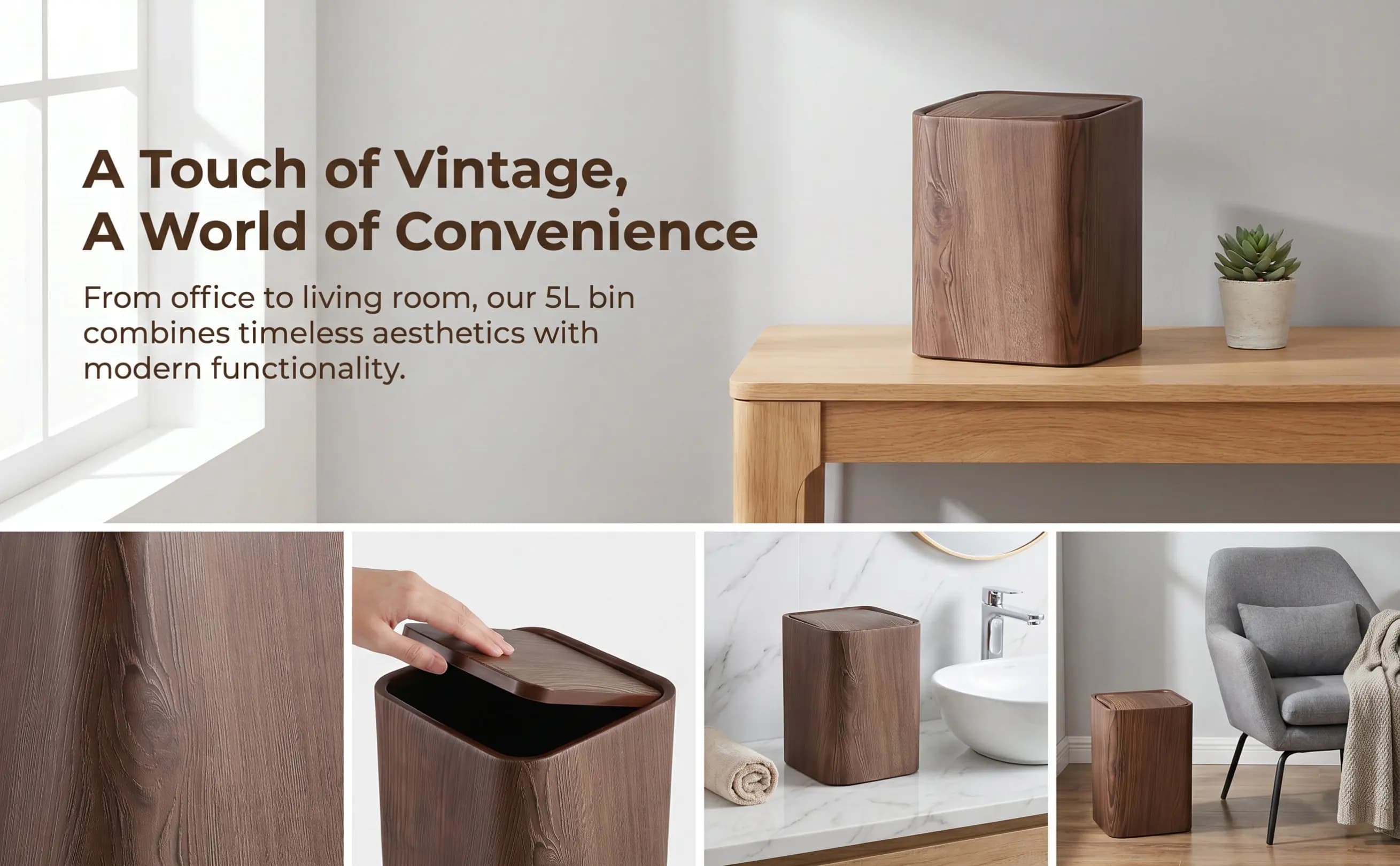 8.5L Wood Grain Swing Lid Trash Can Stylish Compact Garbage Bin for Bedroom Bathroom Living Room Office Kitchen Dorm Aesthetic