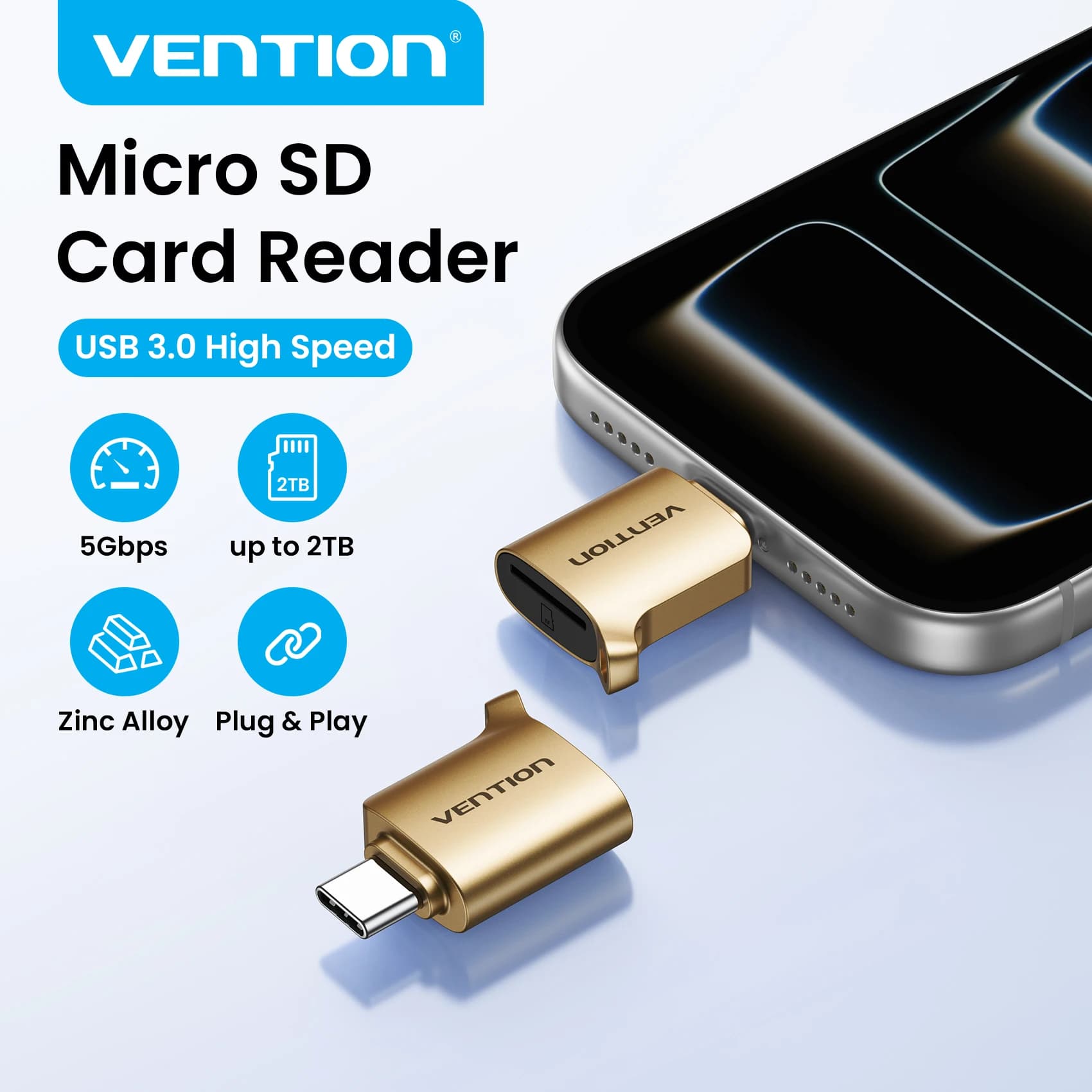 Vention USB C Micro SD Card Reader USB 3.0 TF Card OTG Adapter for iPhone 15-17 Pro iPad Android Camera Cardreader Up to 2TB
