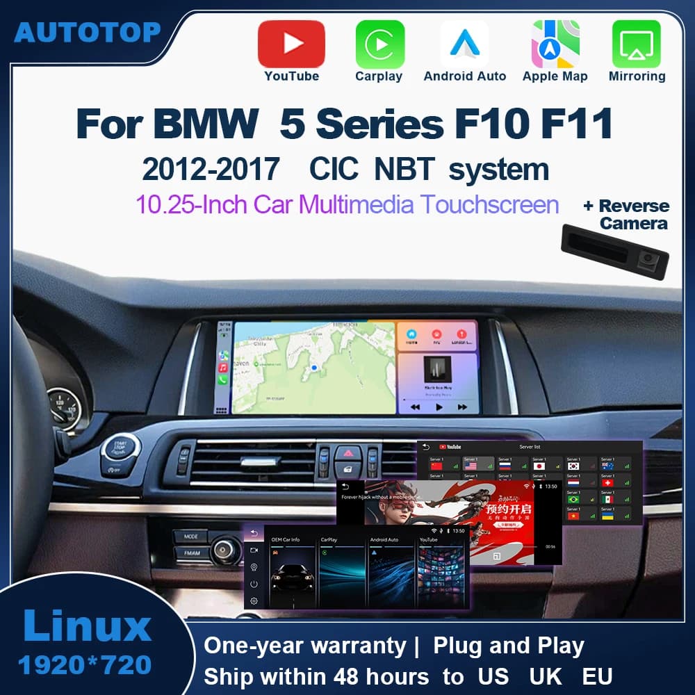 AUTOTOP Schermo Multimediale per Auto da 10.25 Pollici con Linux, CarPlay e Android Auto per BMW Serie 5 F10/F11 CIC NBT 2012-2017, YouTube Incluso