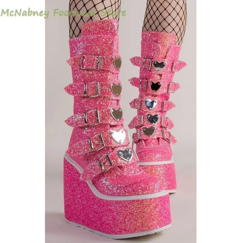 Extra High Waterproof Platform High-Soled Boots Lolita Punk Dark Boots Glitter Gree Love Ankle Boots Strange Shoes