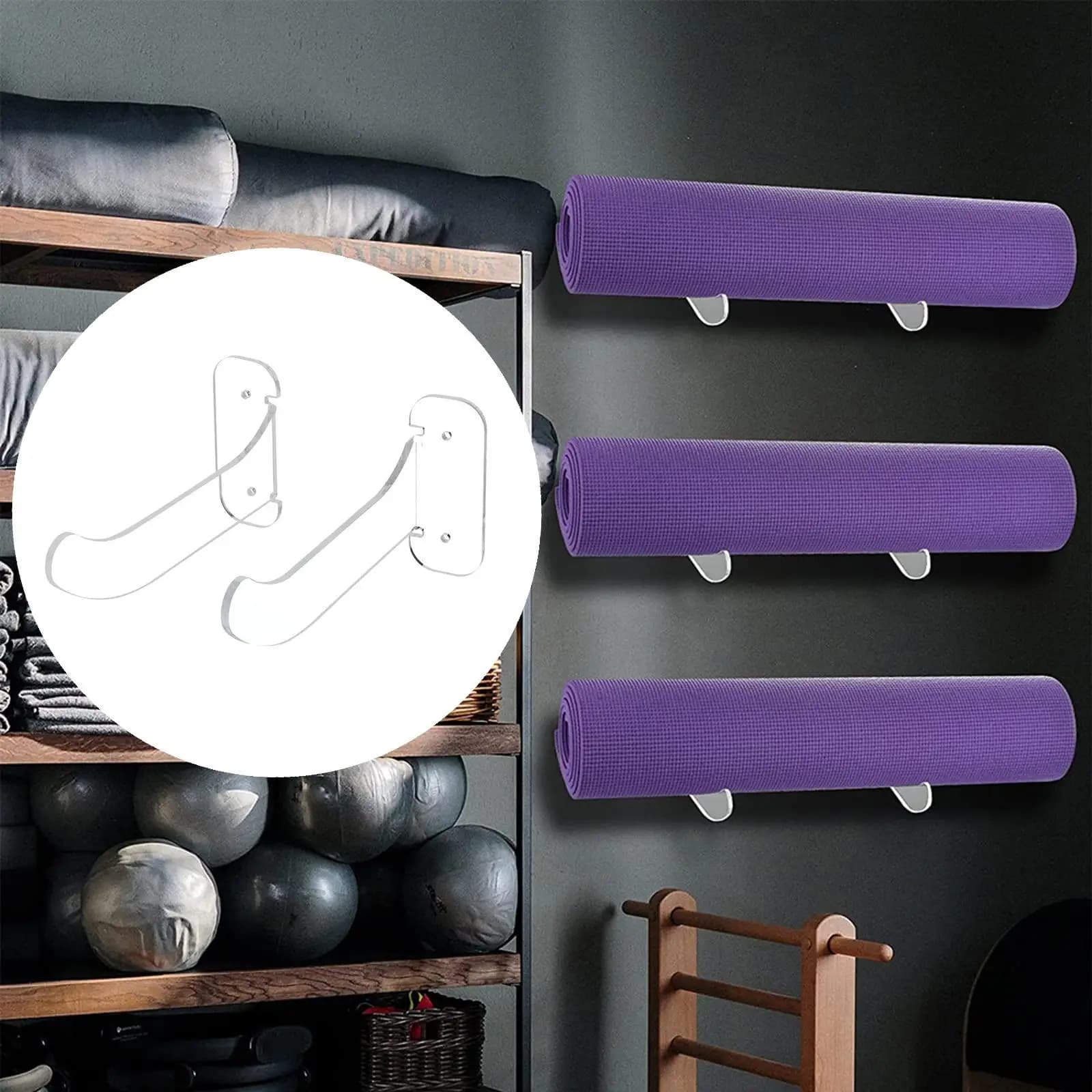 Wall mount for yoga mat, towel holder and foam roller for fitness lessons