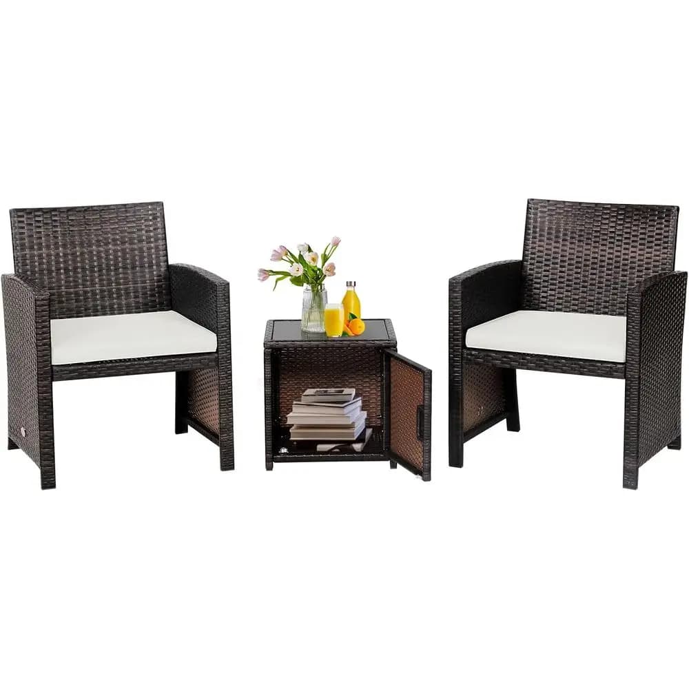 3 piece outdoor furniture set with pillows, white, ideal for patio, courtyard, poolside, porch, balcony, garden