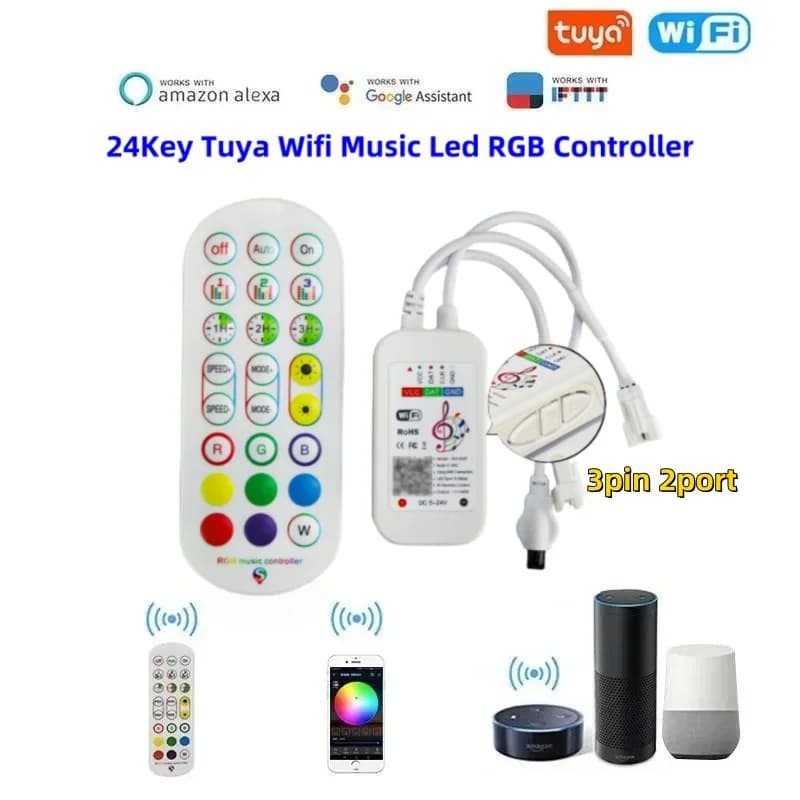 3Pin 2port 24Key Tuya Wifi Music Led RGBIC Controller 5-24V Music Sync Contoller Smart Life APP Party Light Dimmer for Led Light