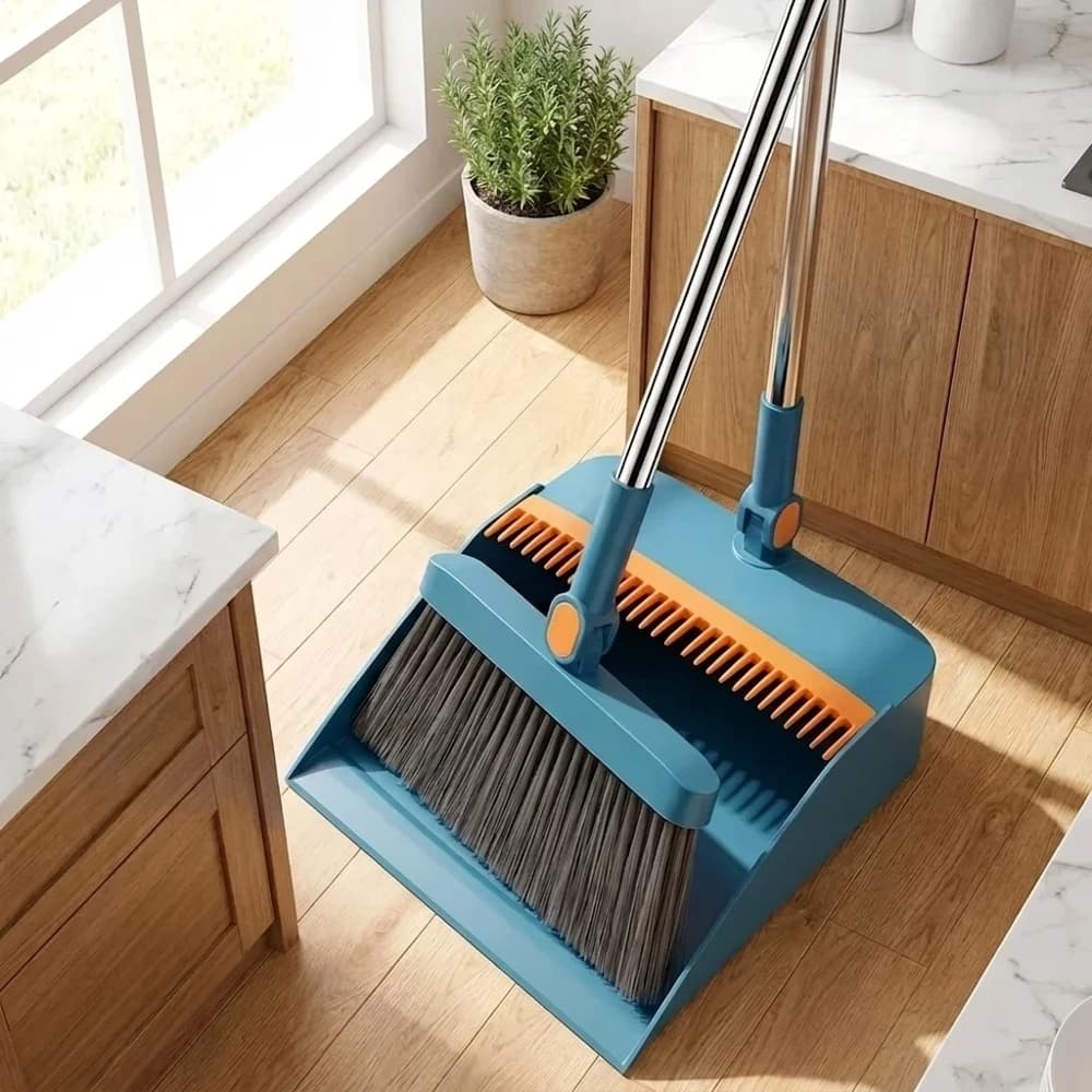 Set Scopa Rotante a Manico Lungo e Paletta, 2 Pezzi, Combo Multifunzione per Pulizie Domestiche, Spazzola per Rimozione Peli, Denti in Acciaio Inossidabile H