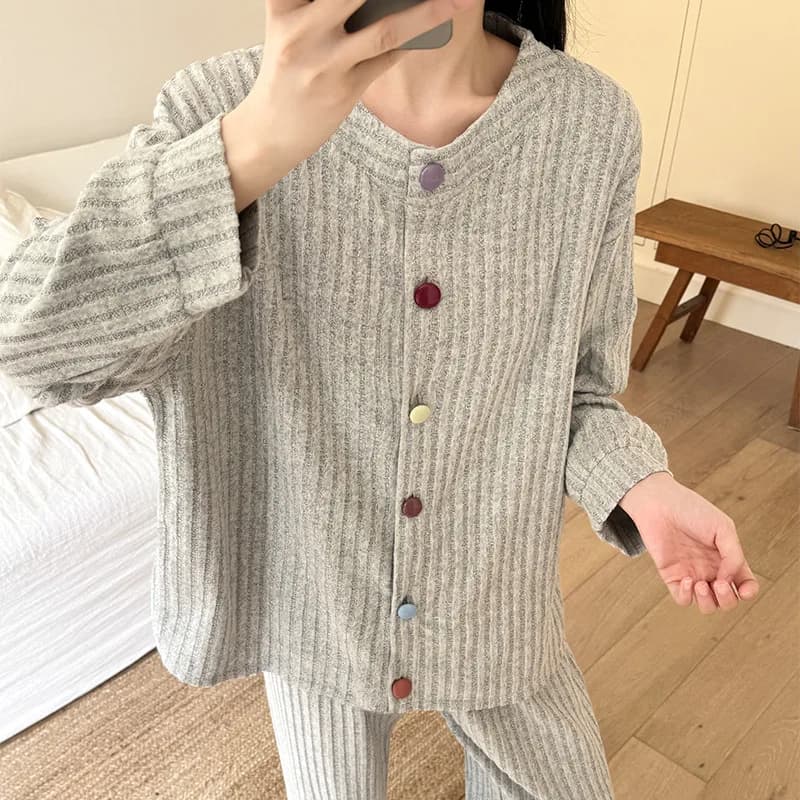 Spring Autumn Woman Fleece Stripe Long Sleeve Pajamas Lady Soft Comfortable Loungewear Women Loose Solid Color Homewear Set Girl