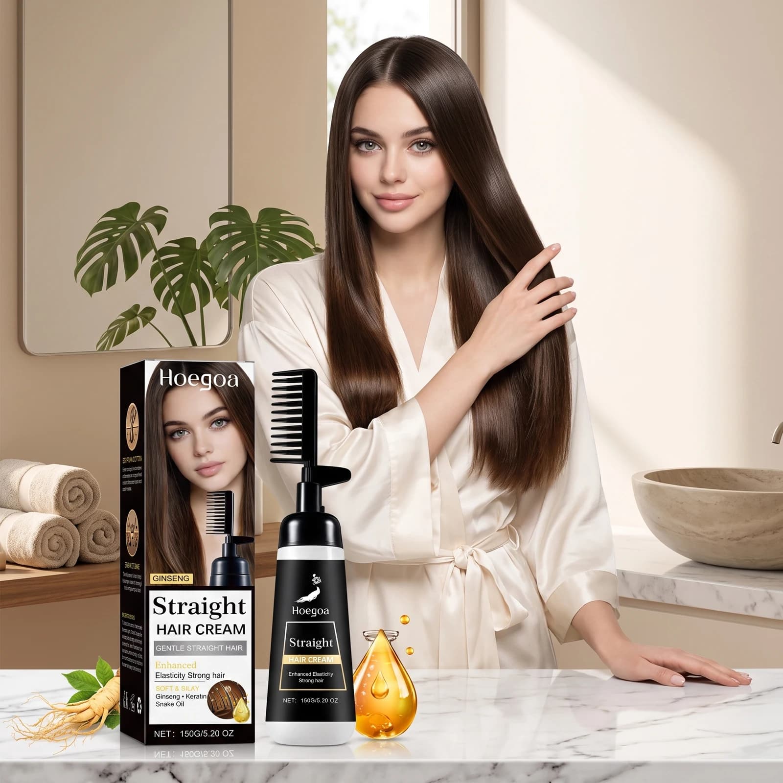 Straight Hair Cream Built-In Comb One Step Hair Straightening Cream Smooth Frizzy Curly Hair Ginseng Keratin Straightening Hair
