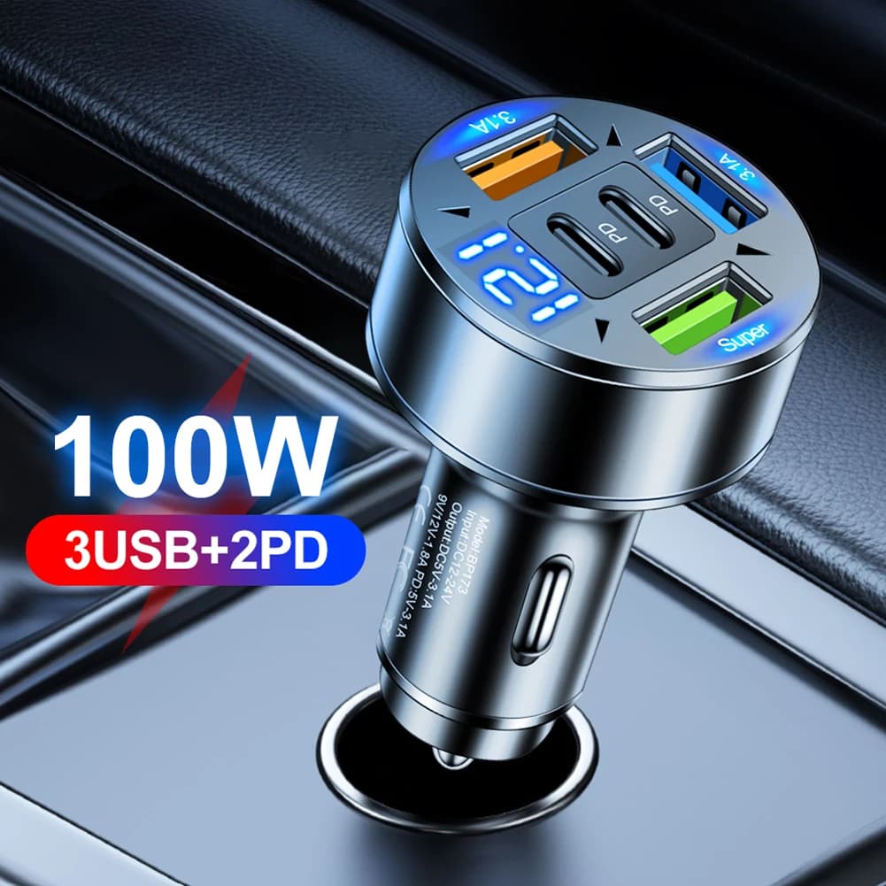 Car Charger 100W to 5 Doors with Power Adapter 12V-24V for Most Car Models