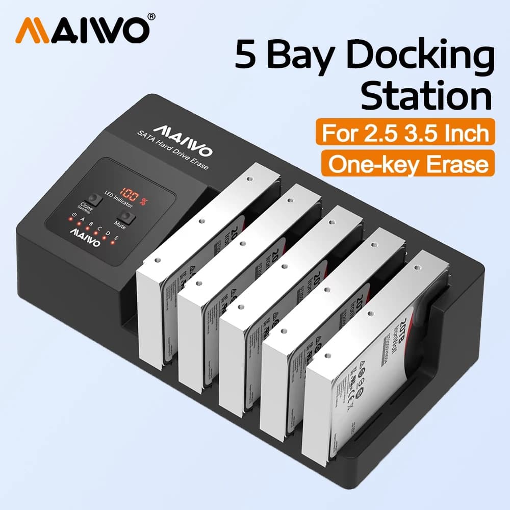 MAIWO Box Esterno per 5 Dischi Rigidi da 2.5 e 3.5 Pollici SATA con Cancellazione One-key, 120TB, USB 3.0, con Display Digitale