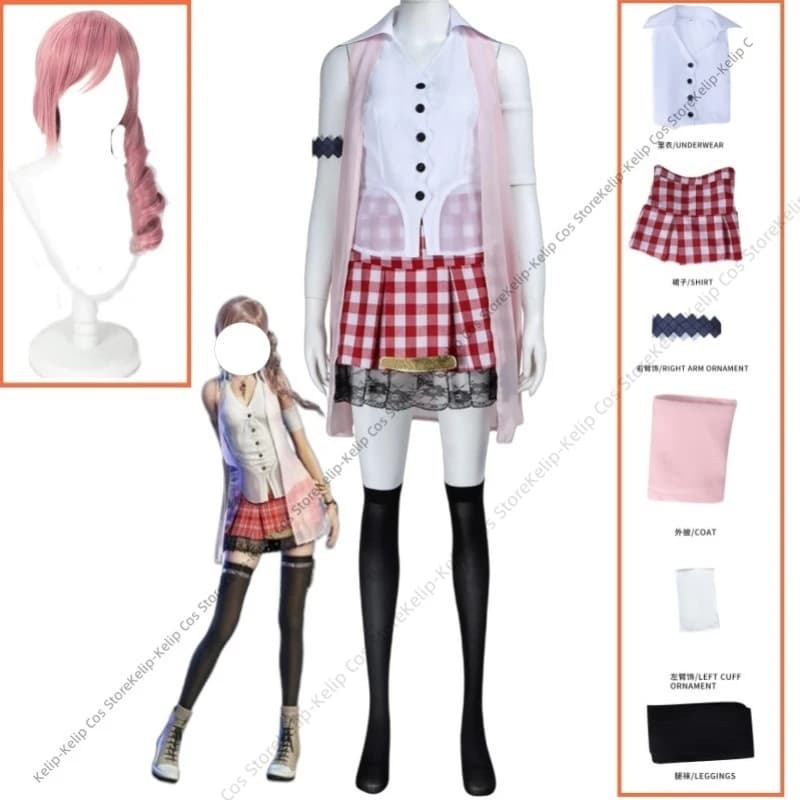 Game Final Fantasy XIII‌ Serah Farron Cosplay Costume Pink Shawl Grid Skirt Wig Adult Woman Sexy Cute Daily Leisure Suit