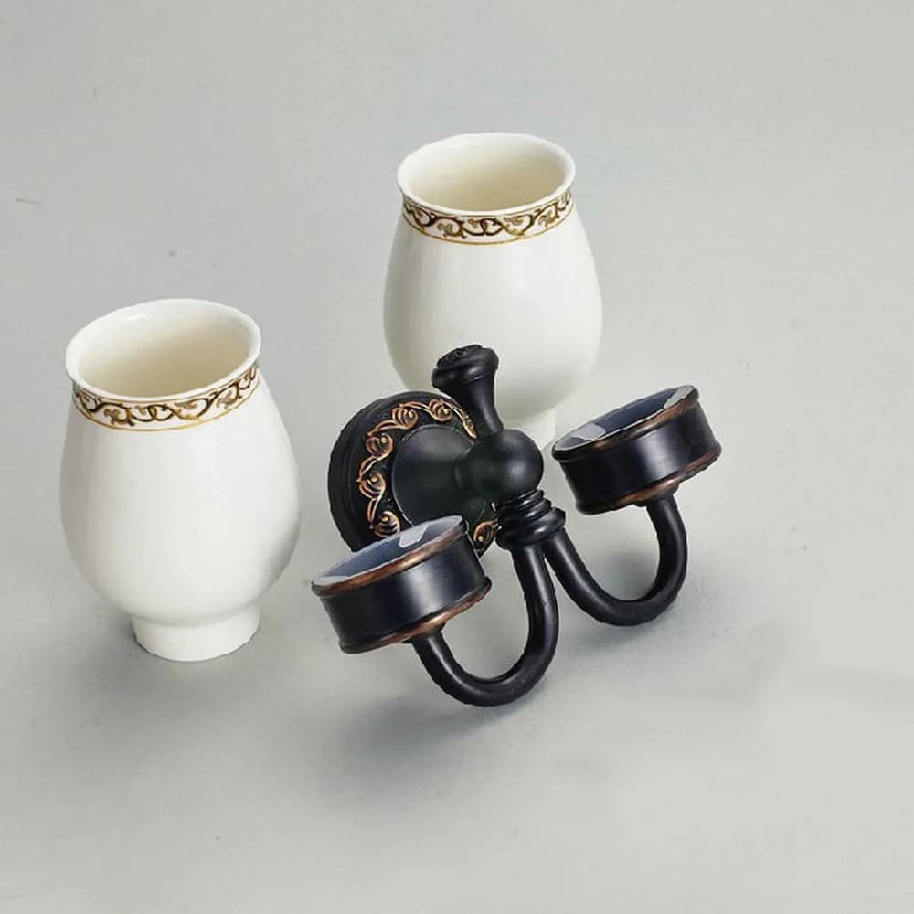 Portaspazzolino in bronzo lucidato a olio con doppia tazza in ceramica, accessori da bagno montati a parete aba472