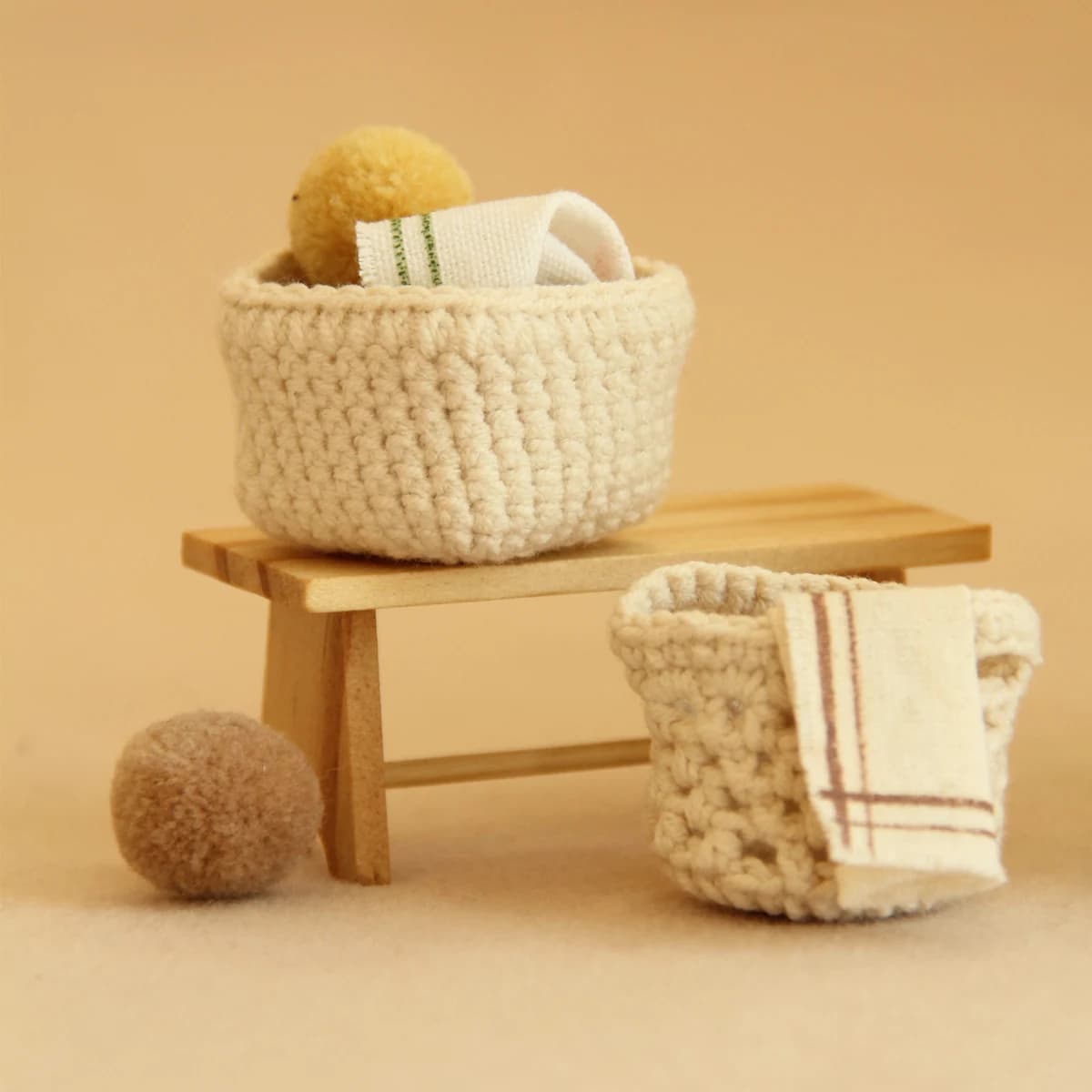 1:12 Miniature Handmade Crochet Dirty Laundry Basket Set of 2 Suitable for Dollhouse Decoration