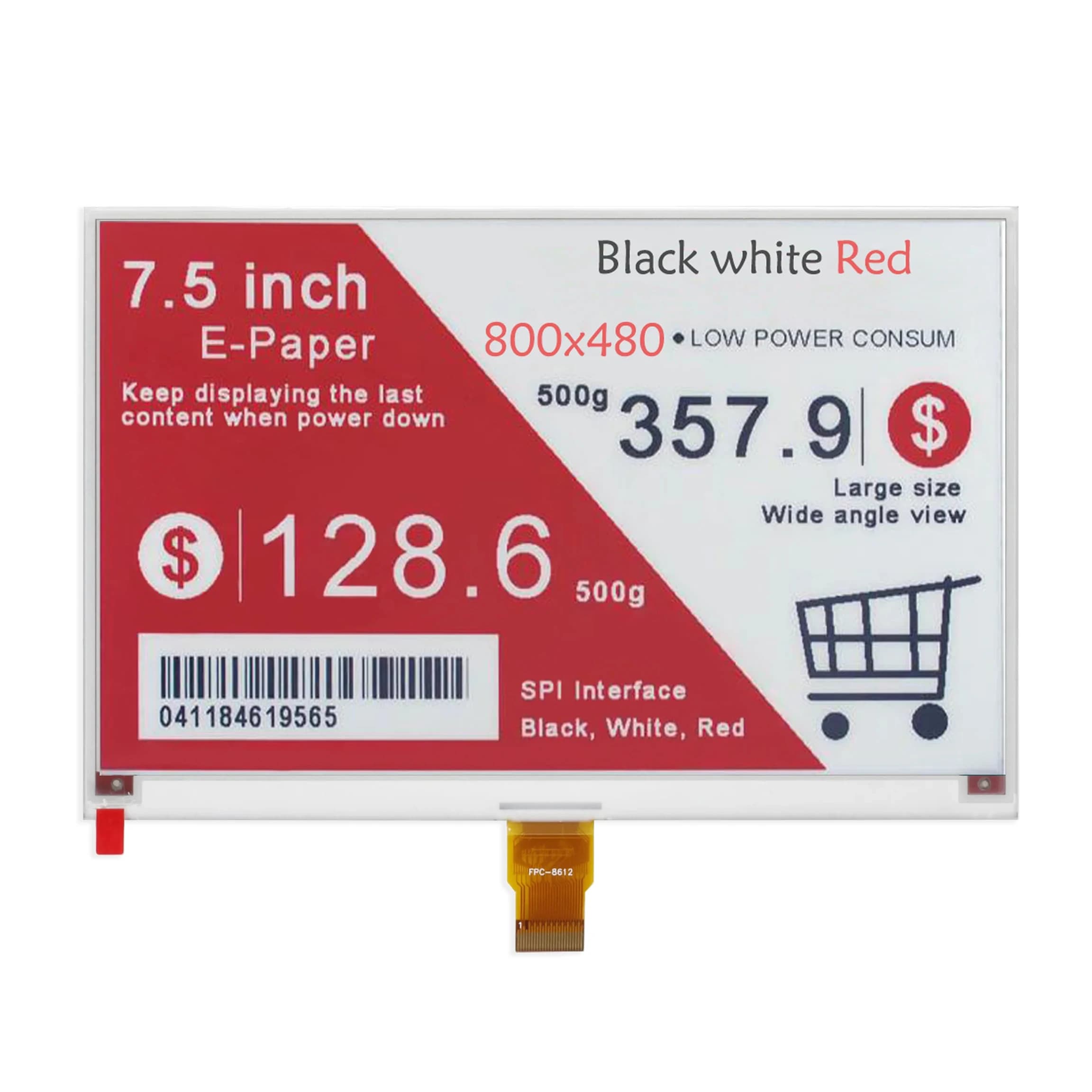 FPC-8612 e-paper e-ink display for Raspberry Pi Pico, 800×480, red/black/white, SPI