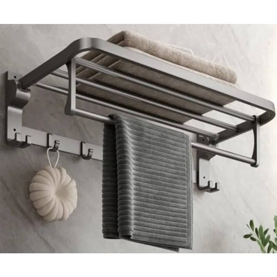 Portasciugamani da Bagno con Barra e Ganci, Mensola Pieghevole da 23,6 Pollici, Organizzatore per Asciugamani da Parete, Moderno Grigio