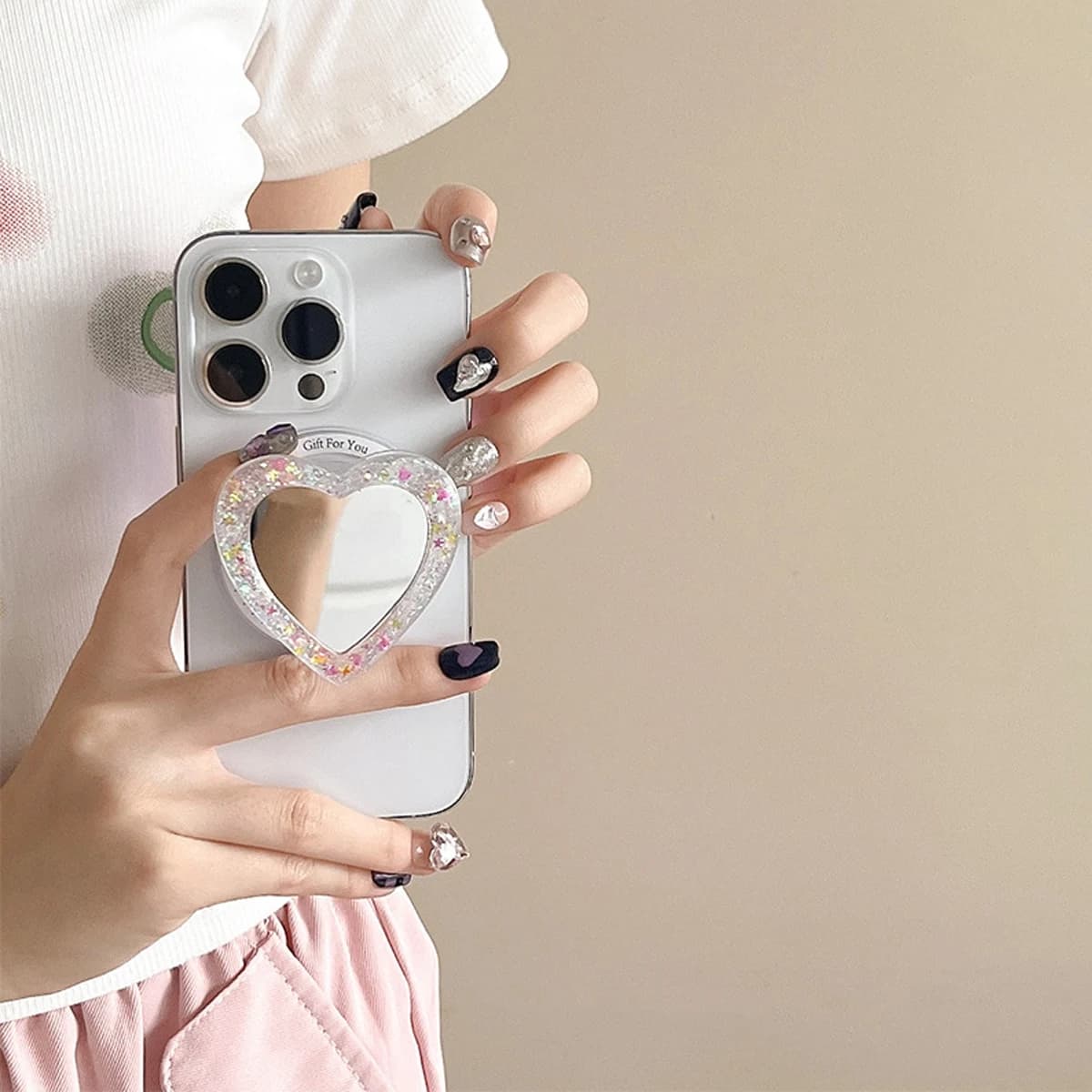 Supporto Magnetico per Telefono Magsafe, Adesivo a Specchio a Forma di Cuore con Paillettes in Stile Coreano, Specchio Portatile per Trucco, Supporto Stabile con Paillettes