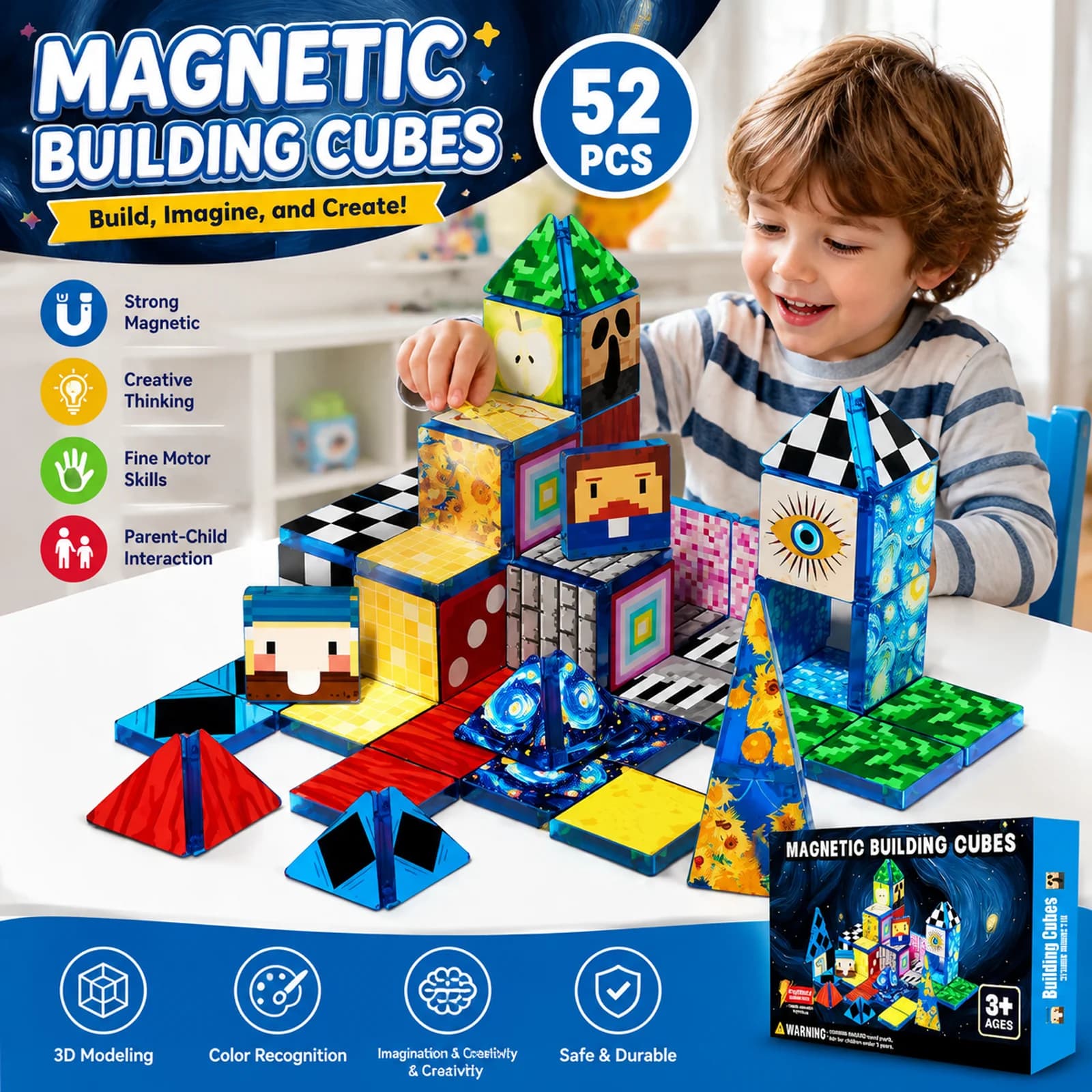 52PCS Pixel Style Magnetic Tiles Building Blocks STEM Educational Construction Toy Creative Building Set for Kids Boys Birthday Gift