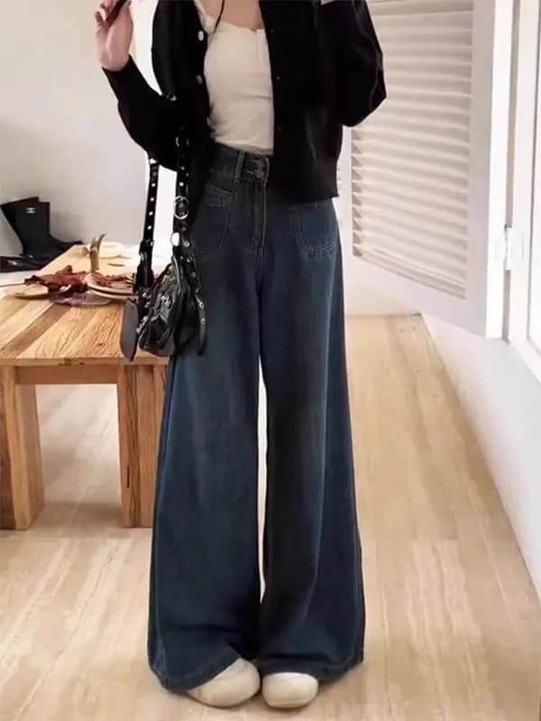 High Waist Wide Leg Denim Jeans Women's Lazy Style Loose plus Size Slimming Straight Leg Trousers Spring New Arrival