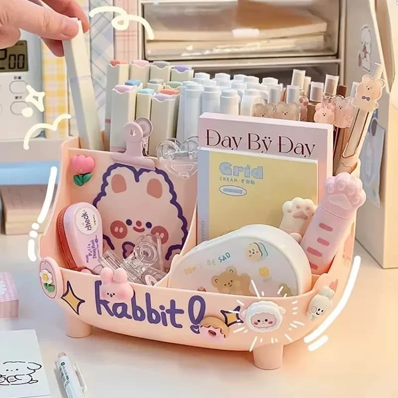 Portapenne da tavolo Kawaii Divisorio di grande capacità Cancelleria da scrivania Organizzatore per ufficio Trucco per cartoni animati Scatola portaoggetti per matite