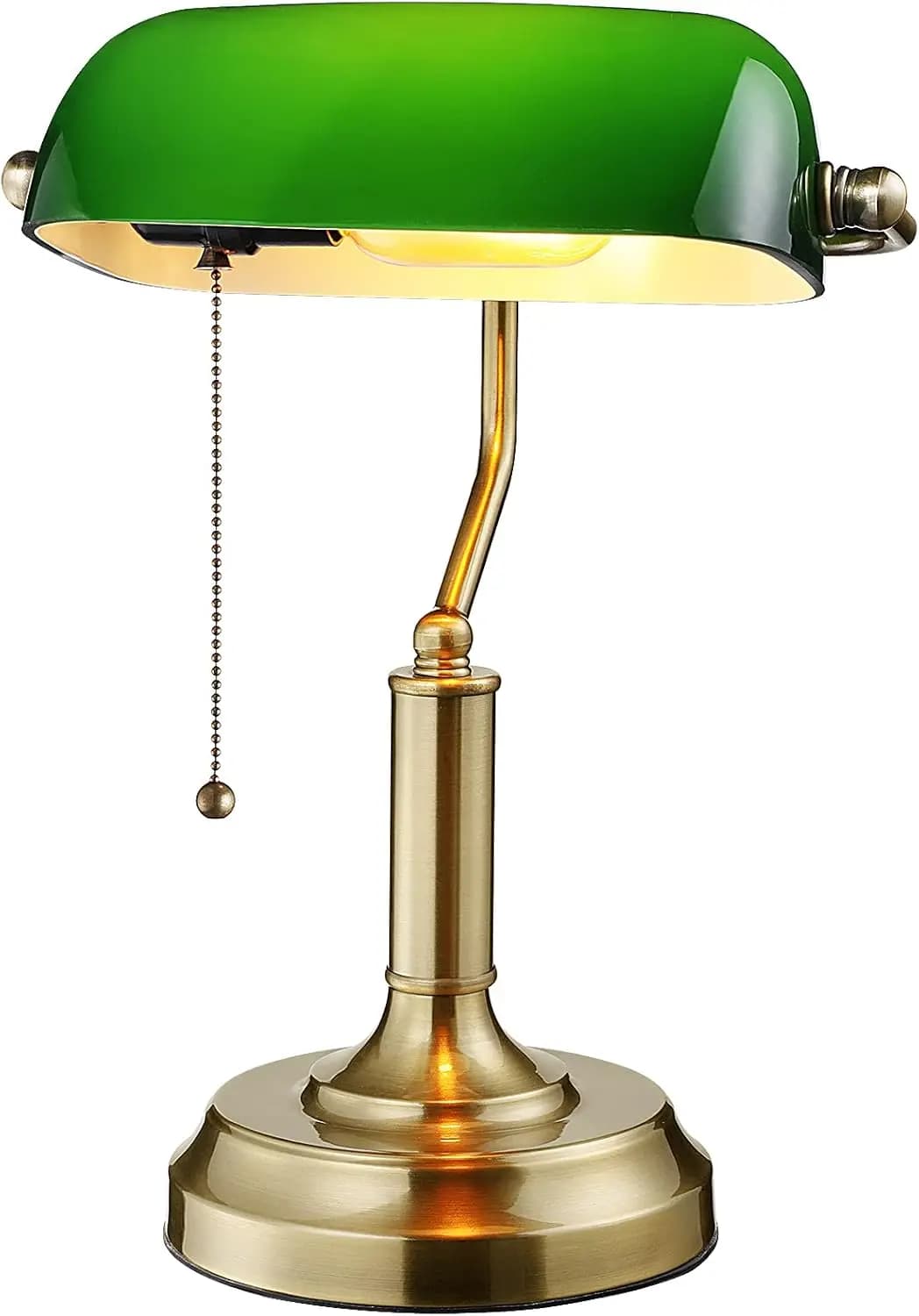 Vintage desk lamp in green glass with brass base, chain switch, E26 bulb compatible for office and study room