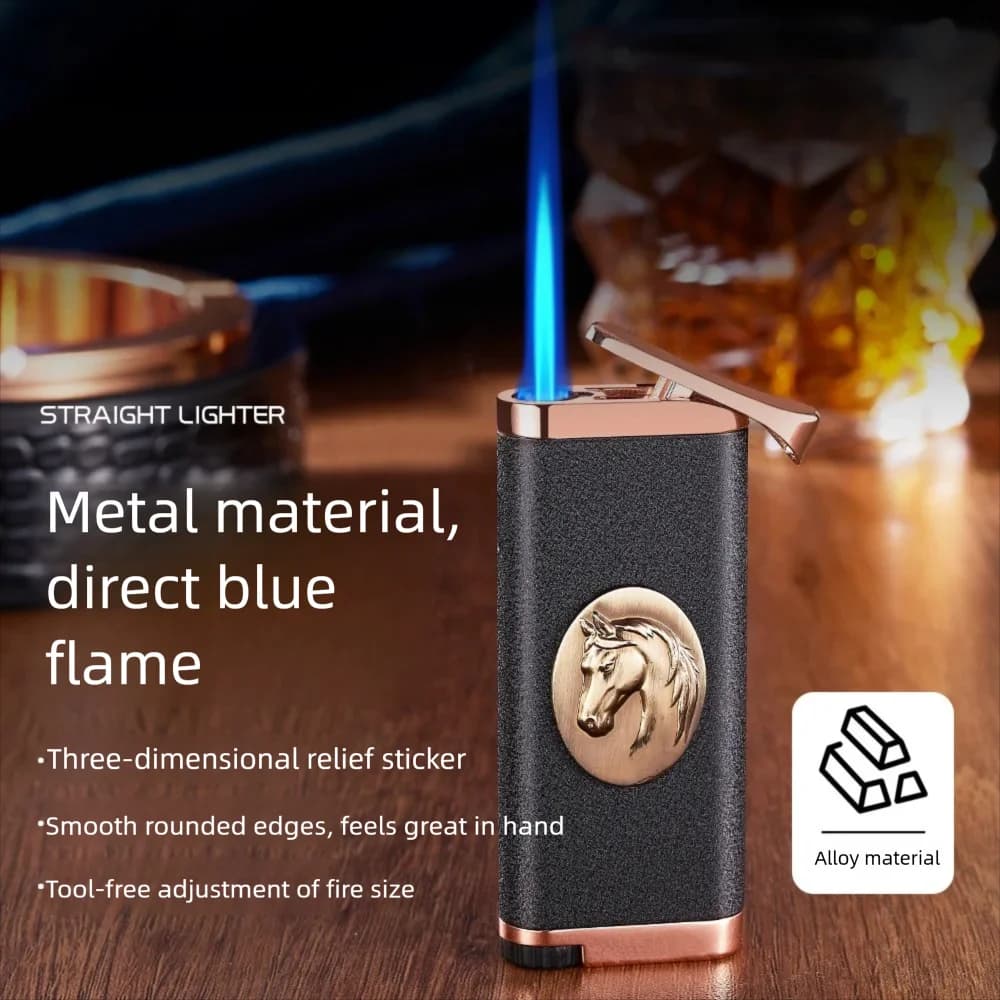 Windproof straight jet lighter can be customized with a new three-dimensional relief sticker, high aesthetic blue flame lighter
