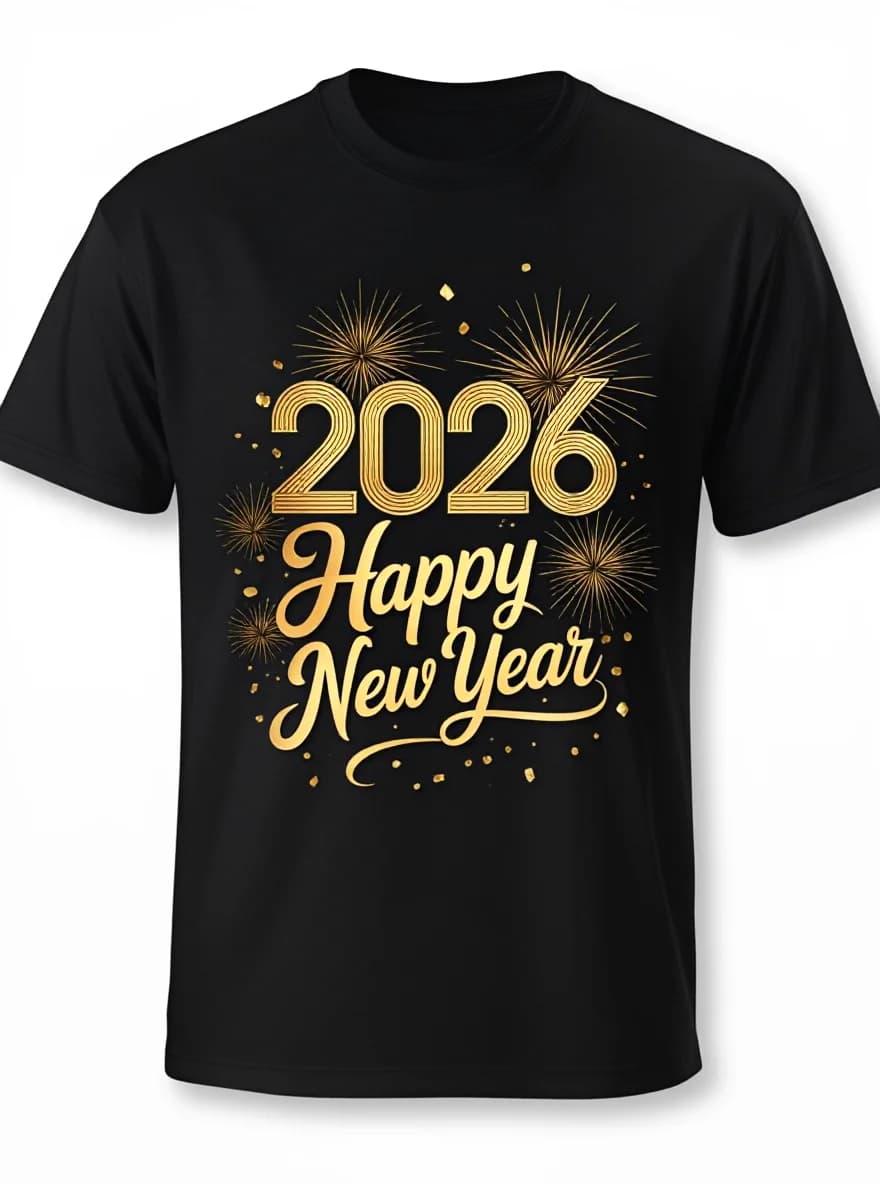 T-shirt NYE 2026 da uomo - T-shirt da festa taglie forti in cotone con stampa fuochi d'artificio/confetti neri dorati