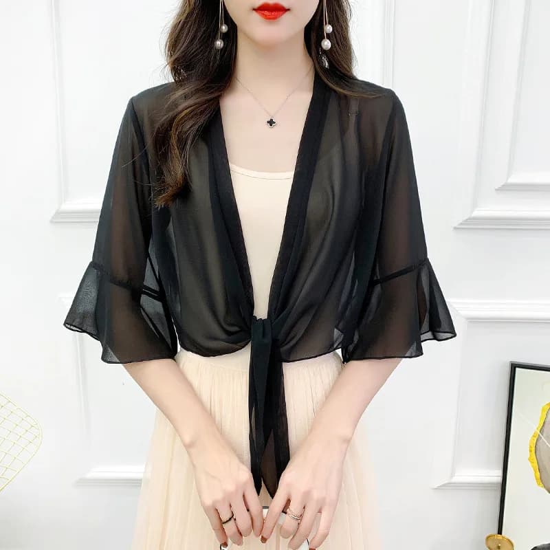 Camicia da donna solida piccola giacca estiva aria condizionata sottile Chiffon trasparente protezione solare scialle collo guardia mantello sciarpa di seta R13