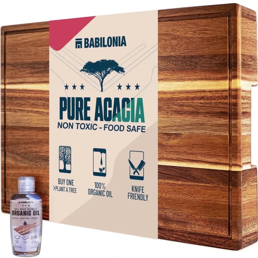 Acacia Wood Cutting Board 19.7 x 12.2 x 1.6 inch Wooden Chopping Board with Juice Groove and Handle Oil and Plate Included