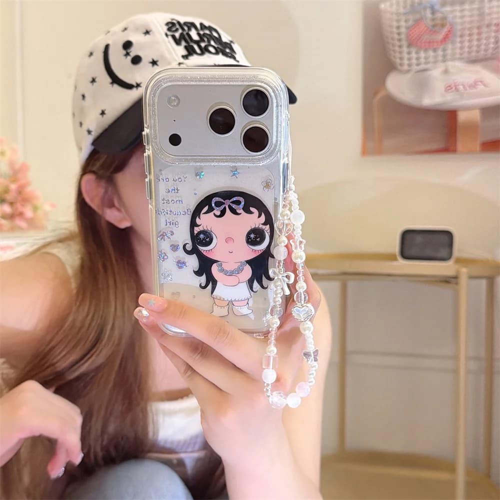 Diamond Girls Kawaii Phone Case for iPhone 16 17 Pro Max 15 16 15 Pro 16 Pro Cover Stylish Shockproof Cover with Pearl Chain Cas