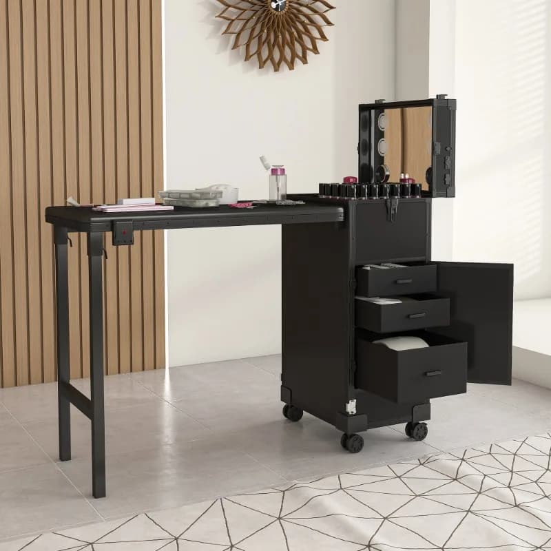Black portable table for nail art with LED mirror Drawers with Bluetooth lock Foldable manicure station with telescopic pole for salons
