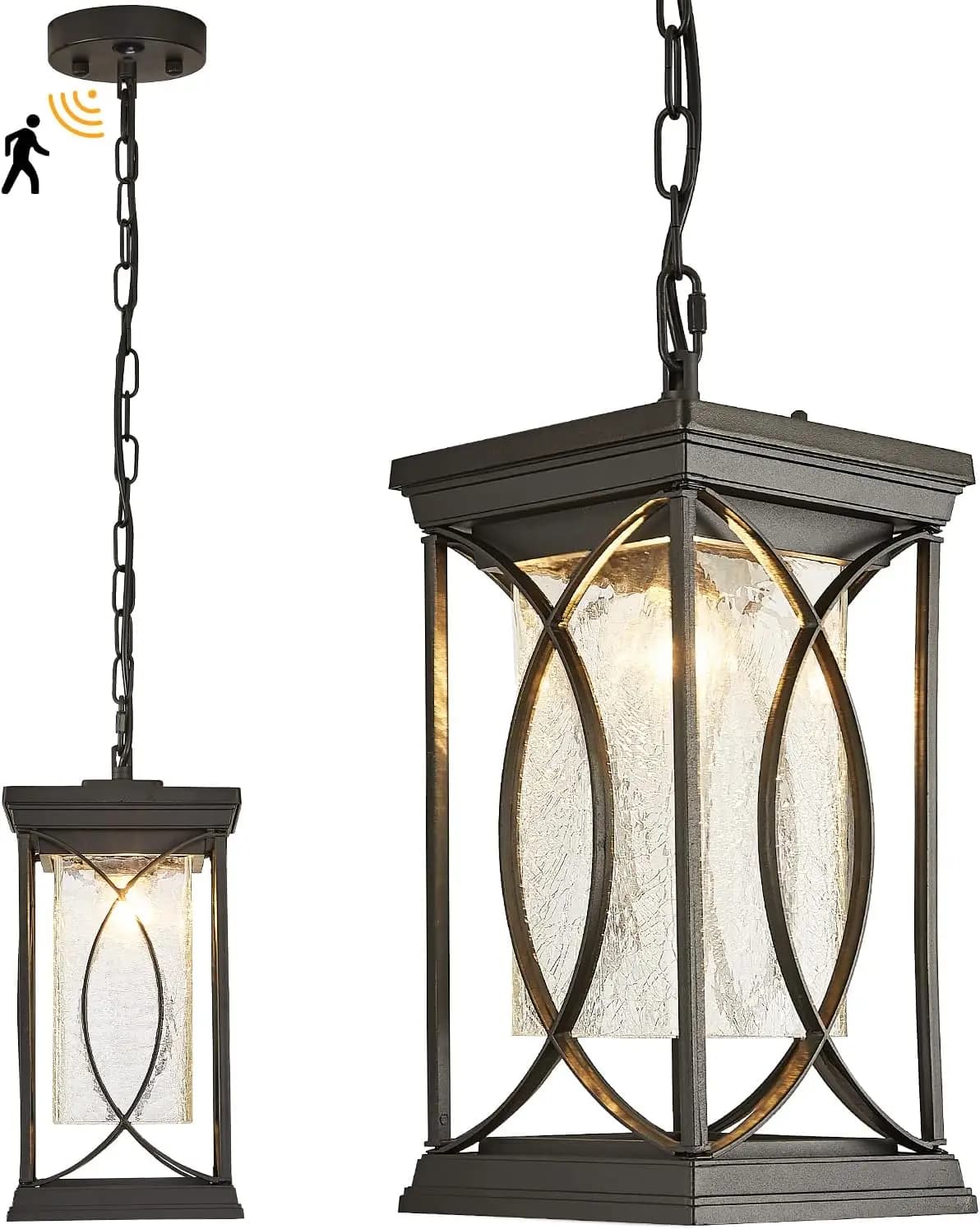 Lampada a Sospensione da Esterno con Sensore di Movimento, Lanterna a Soffitto dal Tramonto all'Alba per Portico, Moderna Nera con Vetro Effetto Crepa
