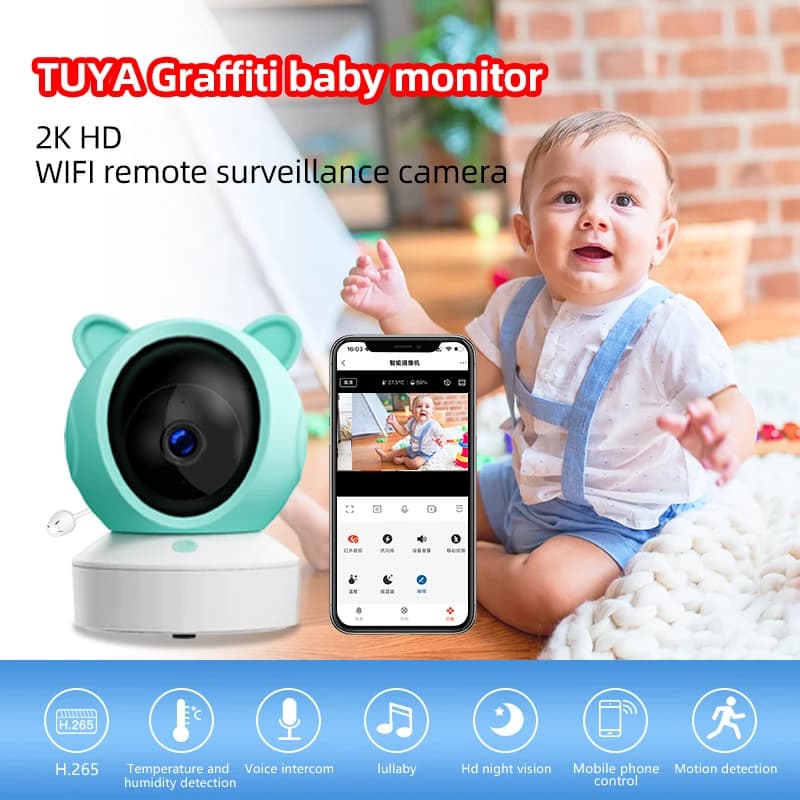 Danmini Smart Baby Monitor App Tuya Telecomando Display a colori HD 2K Promemoria alimentazione Rilevamento pianto Telecamera per bambini da 3 Megapixel