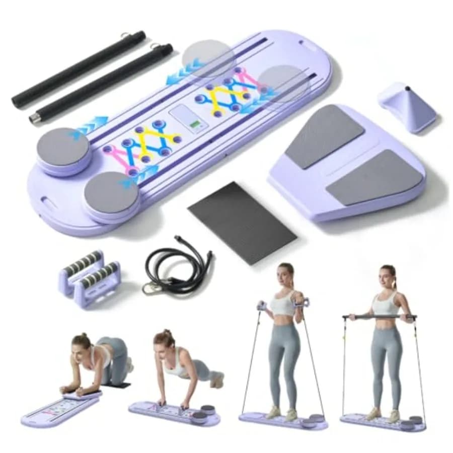 Pilates 6-in-1 Foldable Table with Reformer Training Kit, Automatic Rebound Abdominal Roller and Digital Display for Home Core Training