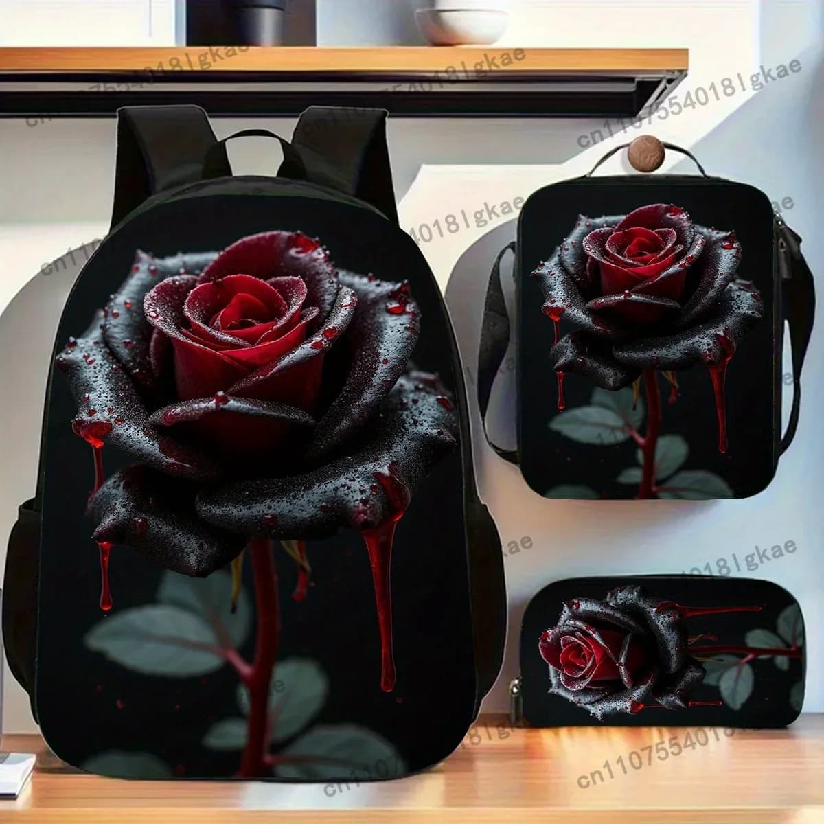 3pcs Gothic Rose Backpack Set, Large Capacity 17-Inch Casual Backpack With Water Bottle Holder - Lightweight Durable School Bag