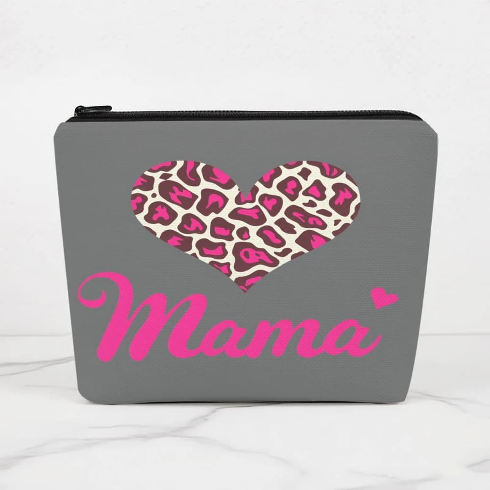 Borse per il trucco con stampa leopardata a cuore e scritta 'Mama' per ragazze, pochette per cosmetici, beauty case, astuccio per matite, borsa da viaggio