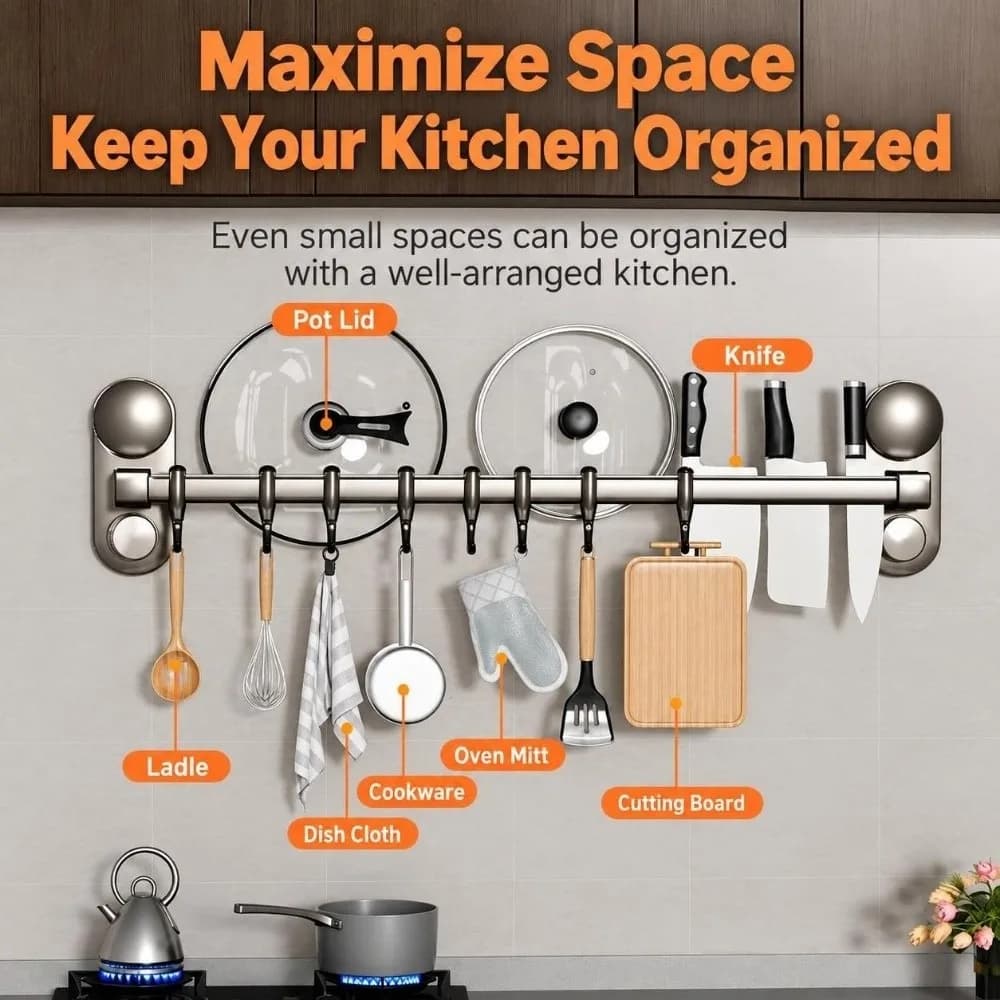 4 Suction Cups Kitchen Utensil Hanger Removable No Drill Kitchen Hanging Rack Heavy Duty Rotate Wall Hooks Organizer Rack Door