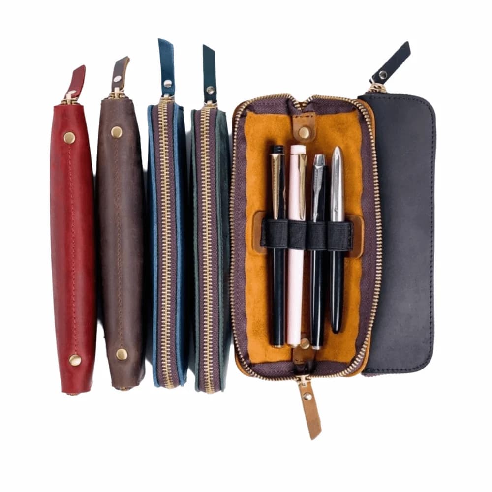 Astuccio Portatile Artigianale con Cerniera, Borsa Compatta per Penne, Custodia Protettiva Retrò in Pelle Bovina per Penne, Business
