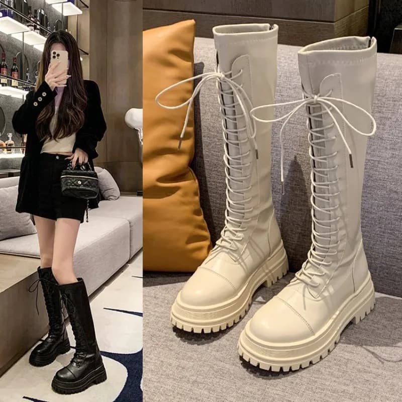 Long Leg Knight Boots Women's Autumn and Winter Lace Up Thick Soled Women's Shoes High Heels Knee High Boots